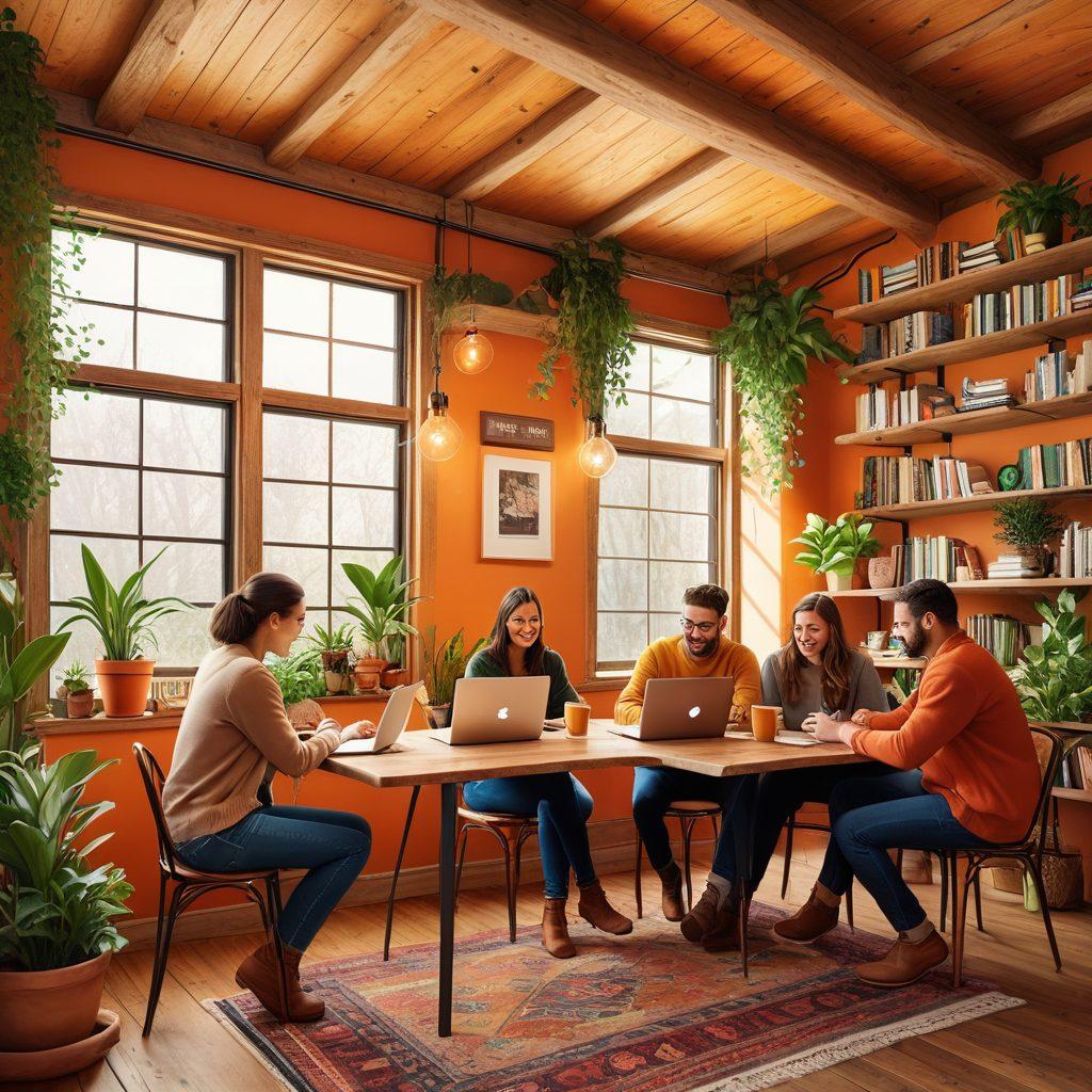 A vibrant digital illustration of a diverse group of individuals engaging happily in a cozy coffee shop, sharing ideas and collaborating on their laptops, with colorful plants and books around them symbolizing growth and community. Include elements like chat bubbles and lightbulbs overhead to represent creativity and communication. super-realistic. warm colors. cozy atmosphere.