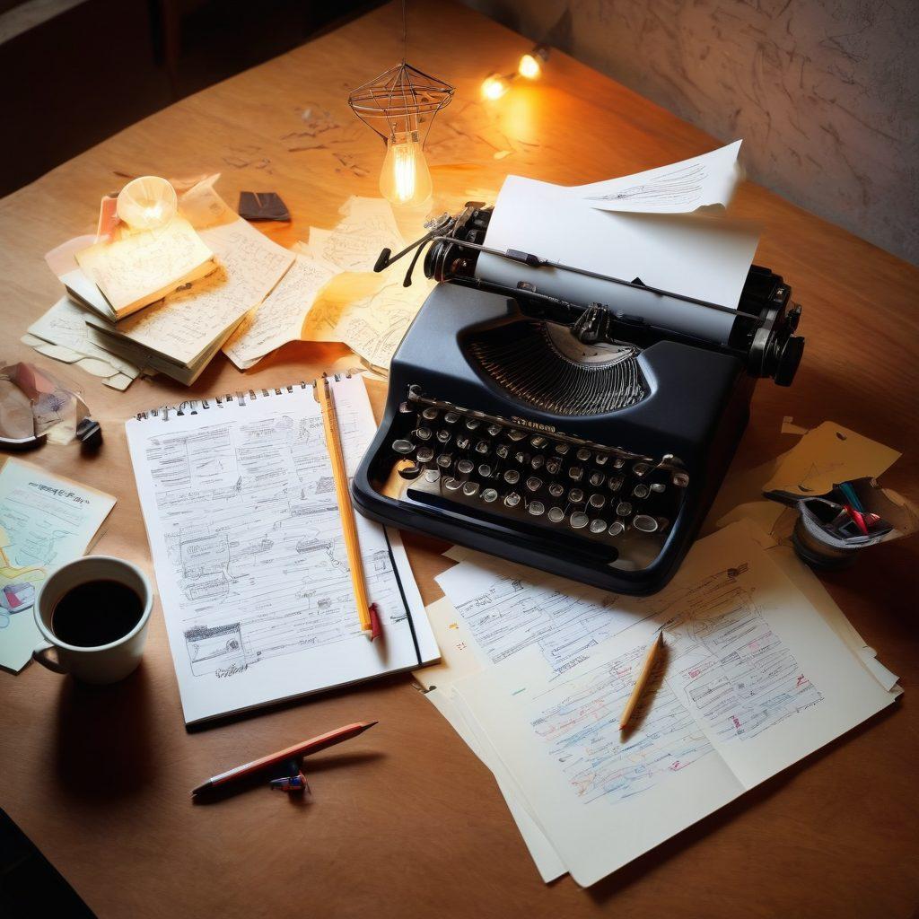 A creative workspace with a typewriter and scattered notes, surrounded by vibrant light bulbs symbolizing ideas. A pencil sketch of a paper airplane taking flight, representing impact. A coffee cup steaming beside an open notebook with colorful mind maps, inviting exploration. Bright and inspiring colors. super-realistic. vibrant colors. dynamic composition.